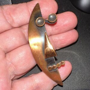Vintage Modernist Man in the Moon Hand Made Copper Brooch Whimsical Mcm